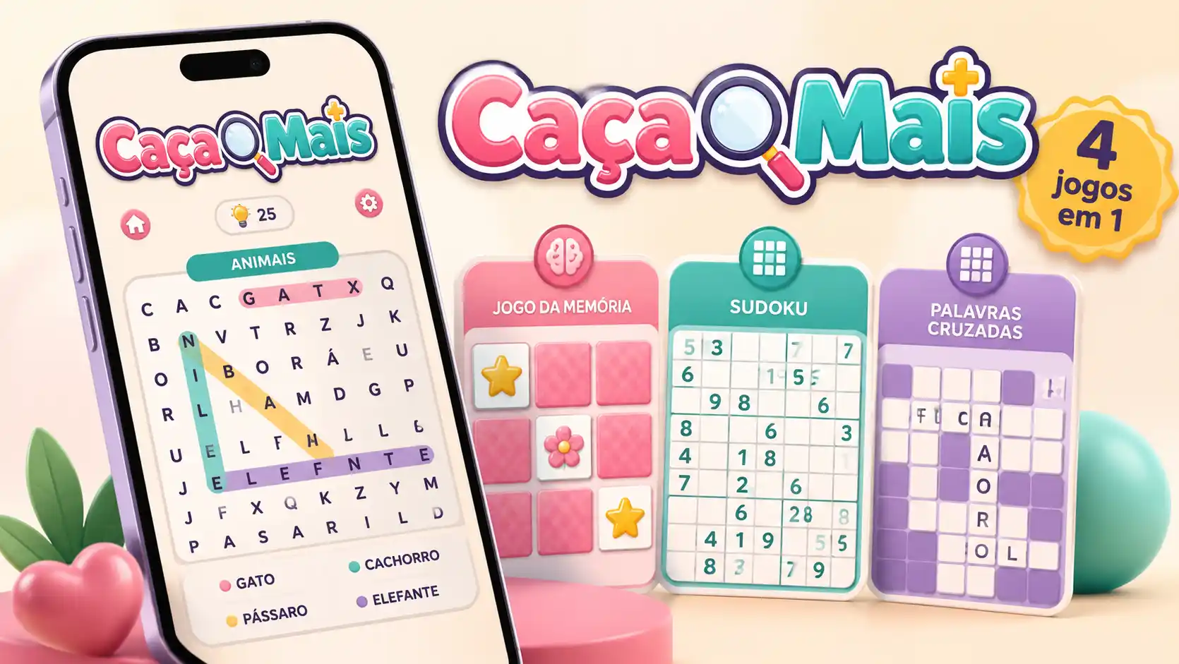 CaçaMais com caça-palavras, jogo da memória, Sudoku e palavras cruzadas